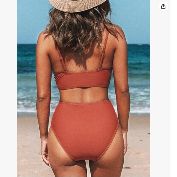 CUPSHE Bikini Two Piece Swimsuit High Waisted V Neck Twist Front - Picture 3 of 11